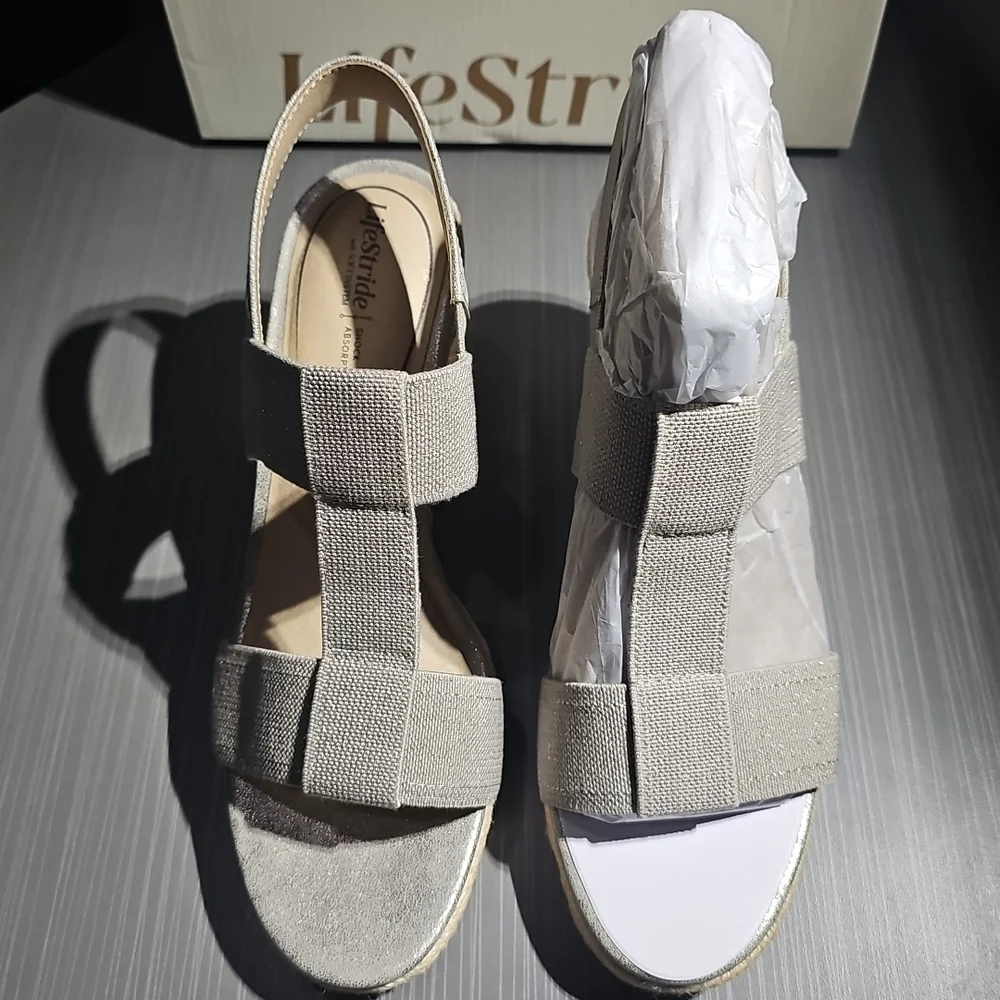 LifeStride‎ Tallulah Taupe Metallic Shimmer Espadrille Wedge Sandal Women’s 11M